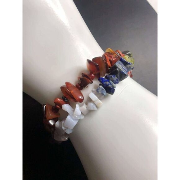 2094 lot of 2 beaded stretch tumbled stone bracelets agate, carnelian, amethyst - Picture 1 of 2
